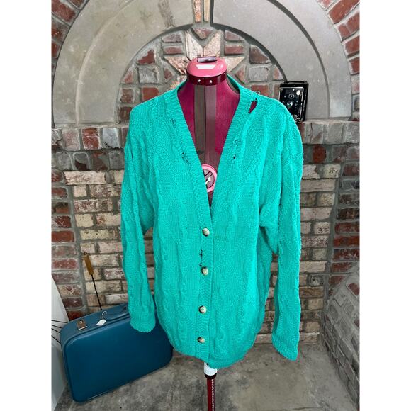 sweater cardigan cabled distressed grunge green - Picture 1 of 12